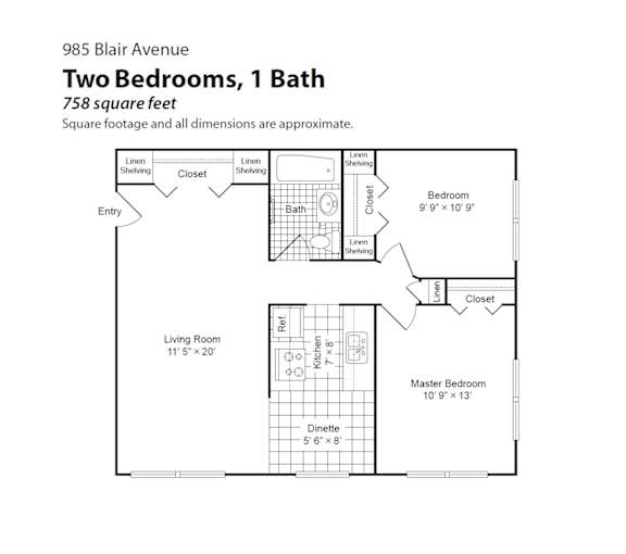 A floor plan for a 758 square feet apartment with two bedrooms and one bath.