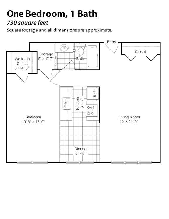 A floor plan of a one bedroom, one bath apartment.