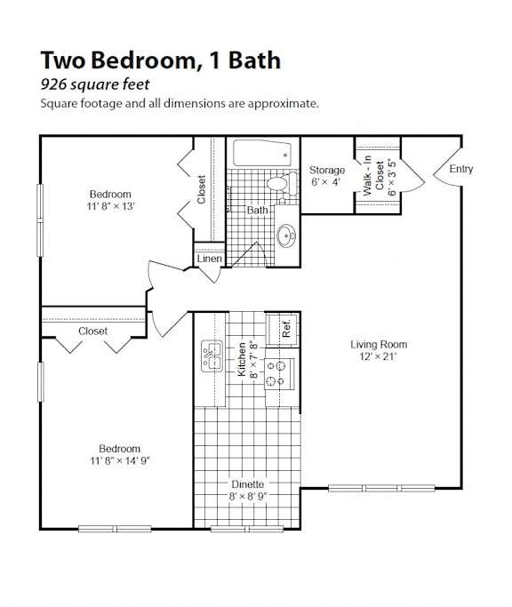A floor plan of a two bedroom, one bath apartment.
