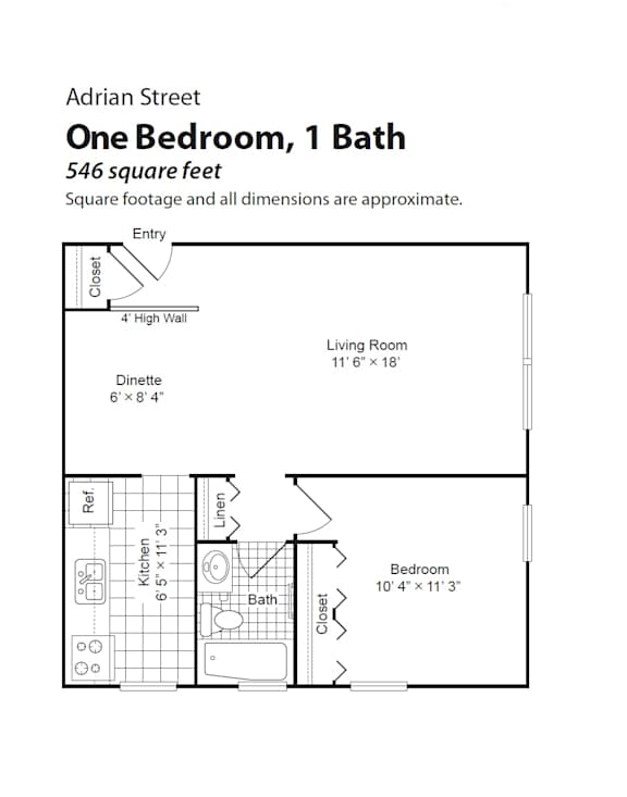 A floor plan for a one bedroom, one bath apartment at Adrian Street.