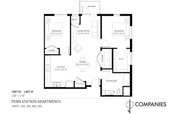 A floor plan for a 1,007 square foot apartment with a balcony.
