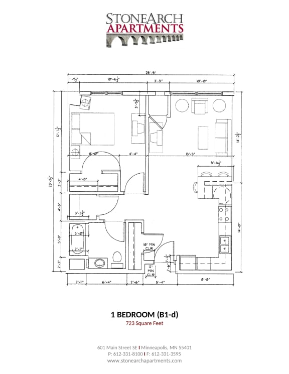 Stone Arch 1 Bedroom Floor Plan (B1-D), Minneapolis, Minnesota