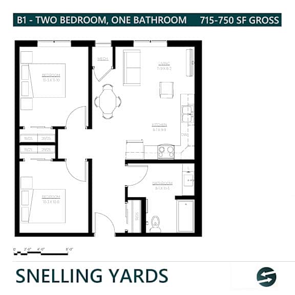 A floor plan for a two bedroom, one bathroom apartment.