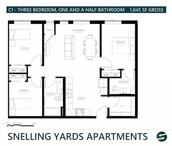 A floor plan for a three bedroom, one and a half bathroom apartment.