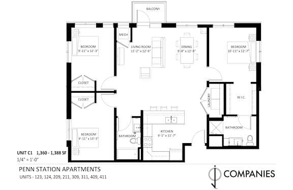 A floor plan for a Penn Station Apartments unit.