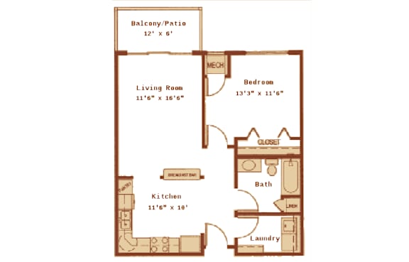 A floor plan of a small apartment with a living room, kitchen, bathroom, bedroom, and laundry room.