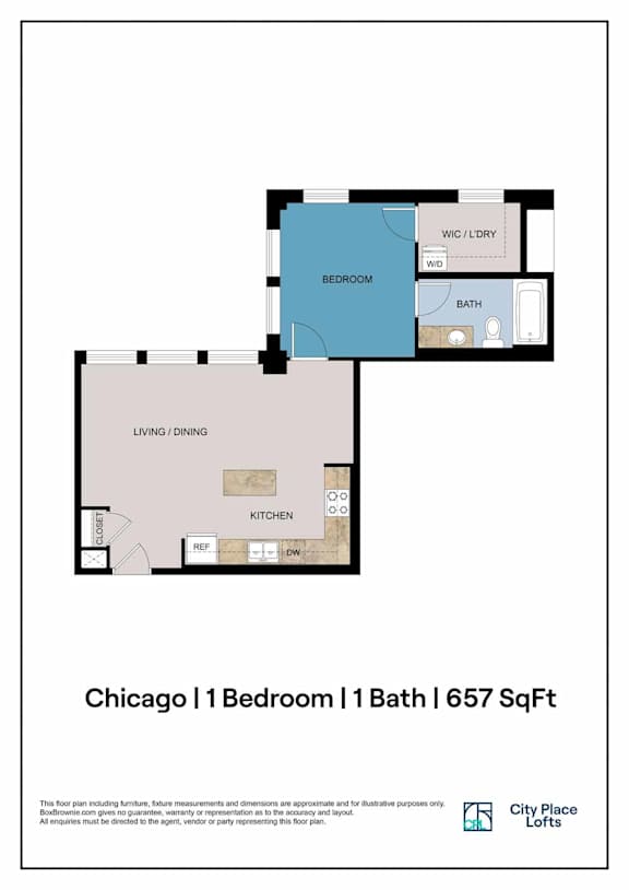 A floor plan for a 1 bedroom, 1 bathroom apartment in Chicago.