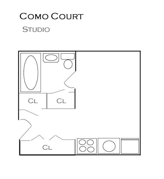 A floor plan of a studio with a kitchen area and a bathroom.