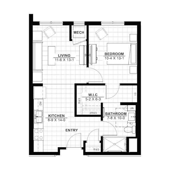 A floor plan of a house with a living room, bedroom, kitchen, bathroom and a mech.