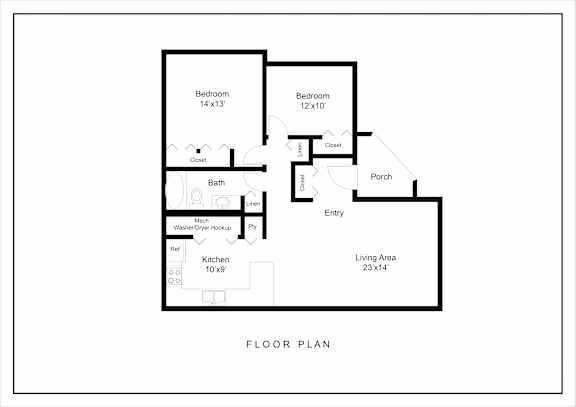A floor plan of a living area with two bedrooms, a bathroom, a kitchen, a porch, and an entry.