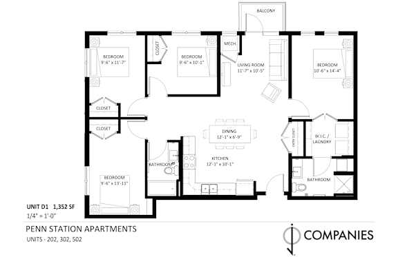 A black and white image of a floor plan for a 1,352 square foot apartment.