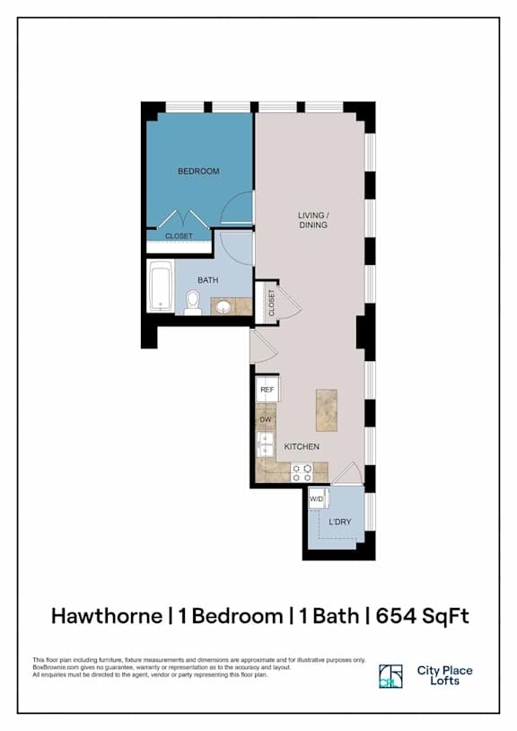 A floor plan for a 654 square foot home with one bedroom and one bath.