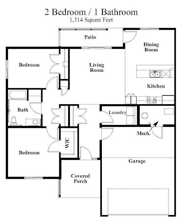 A floor plan of a 2 bedroom 1 bathroom house.
