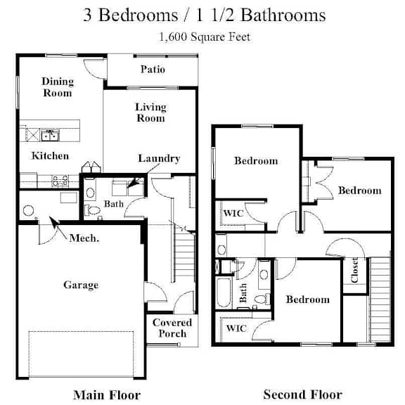 A floor plan of a 1,600 square foot home with 3 bedrooms and 1 1/2 bathrooms.