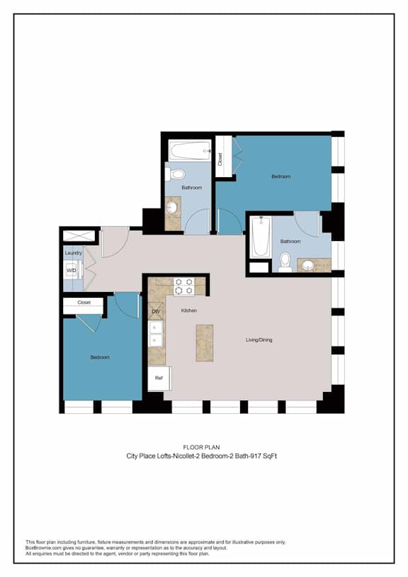 A floor plan of a two bedroom apartment with a living room and bathroom.