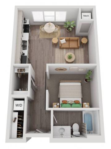 A top-down view of a small apartment layout with a living room, kitchen, and bathroom.