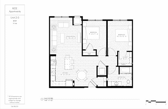 A black and white image of a floor plan for Ride Apartments, Unit 2-0.