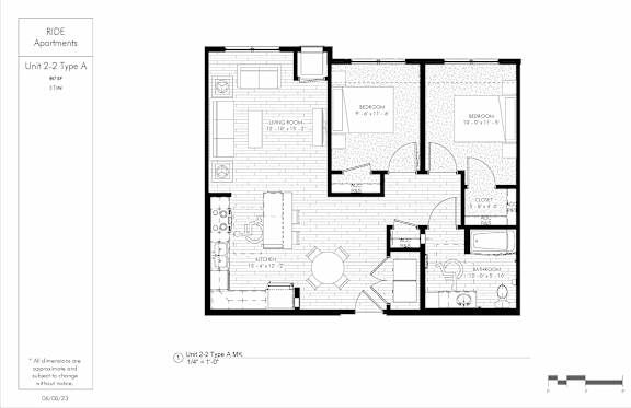 A black and white image of a floor plan for a 2-2 type A apartment.