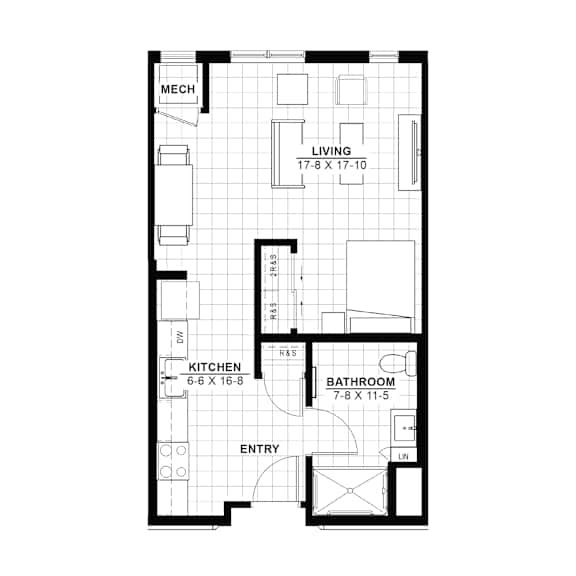 A floor plan of a small apartment with a living room, kitchen, bathroom and entry.