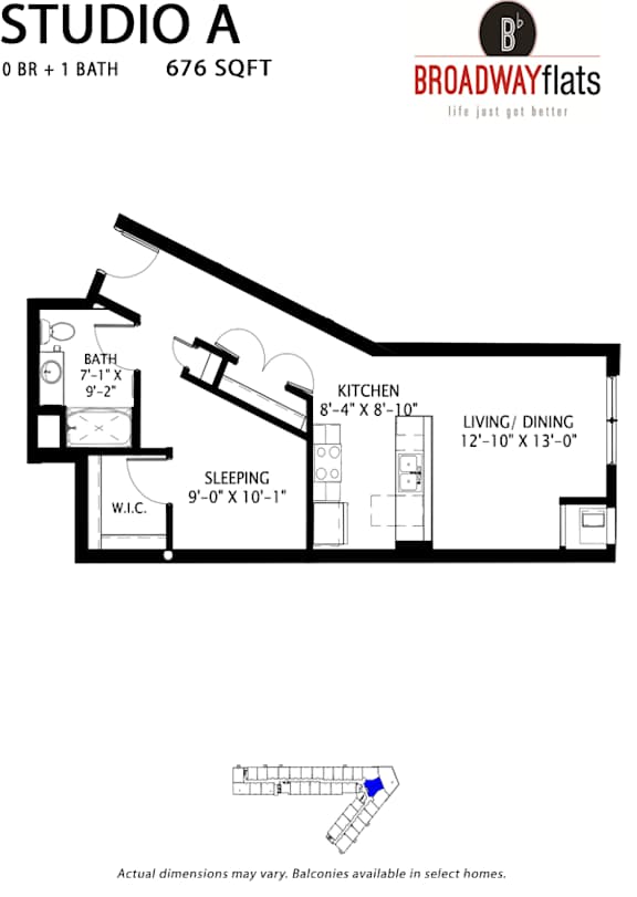 A floor plan for a studio apartment with a bath, kitchen, living/dining area, and sleeping area.