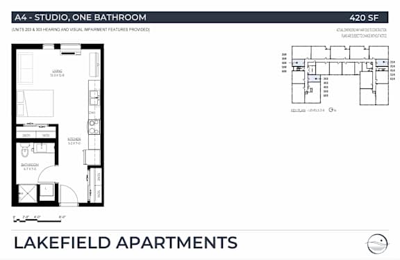 A floor plan for a studio apartment with one bathroom.