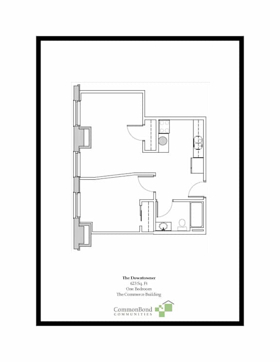 A floor plan of a one-bedroom, one-bathroom apartment in a downtown building.