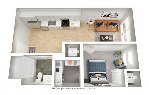 A 3D floor plan of a house with a kitchen, living room, bedroom, and bathroom.
