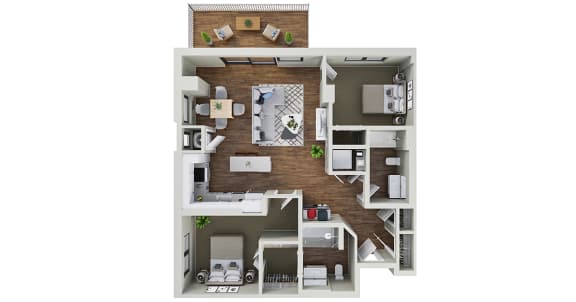 a rendering of the 1 bedroom floor plan with the living room and kitchen
