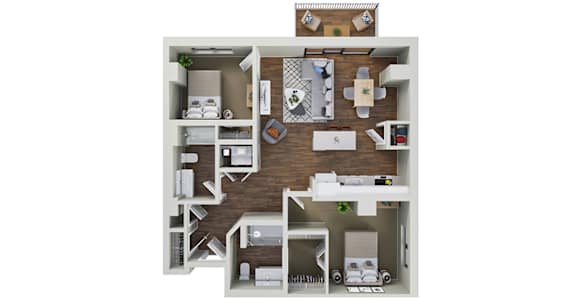 A 3D floor plan of a small apartment with a kitchen, living room, and bedrooms.