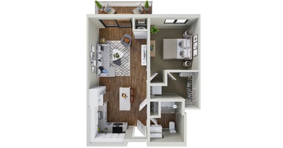 a stylized floor plan with a bedroom and a bathroom