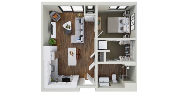 a stylized floor plan with a bedroom and a living room