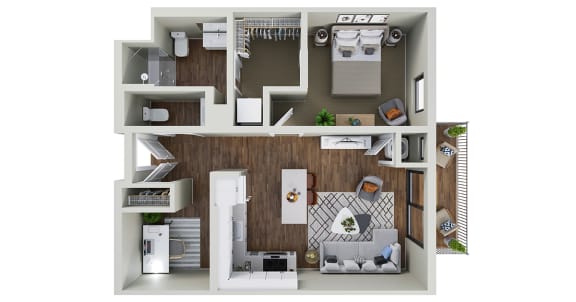 a 1 bedroom floor plan with a bathroom and a kitchen