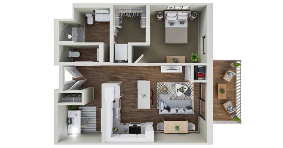 a 3d drawing of a floor plan with a bedroom and a kitchen
