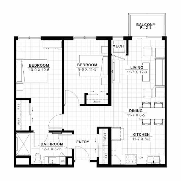 A black and white image of a floor plan for a Balcony Fl 2-4 apartment.