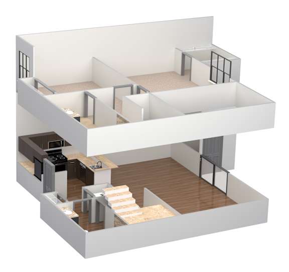 A 3D rendered image of a modern house interior.