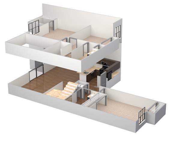 A 3D image of a house with a staircase leading to the second floor.