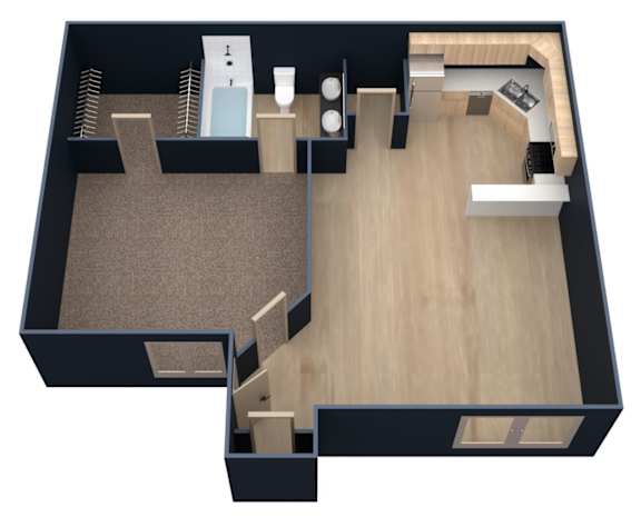 A black and wood floor plan of a house with a kitchen, living room, and bathroom.