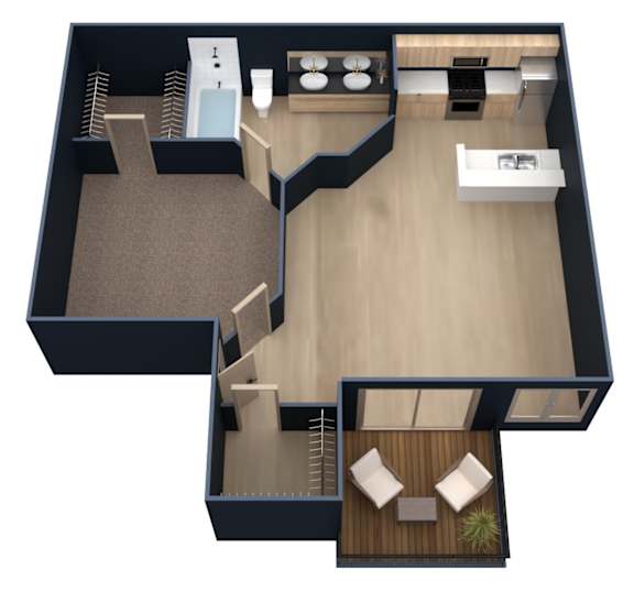 A 3D floor plan of a house with a kitchen, living room, and two bedrooms.