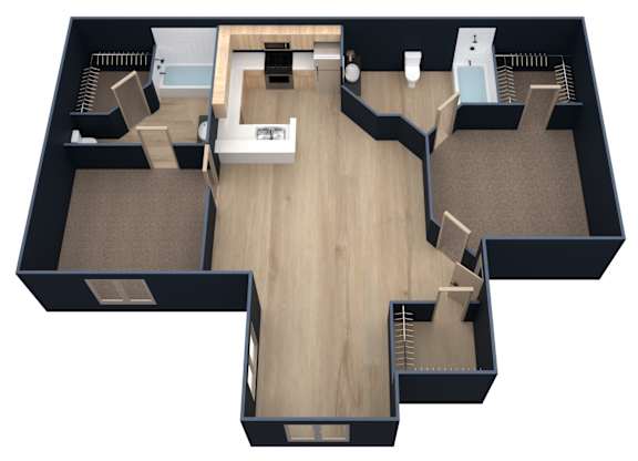 A top down view of a house layout with a kitchen, living room, and two bedrooms.