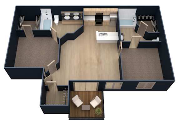 A 3D floor plan of a house with a living room, kitchen, and two bedrooms.