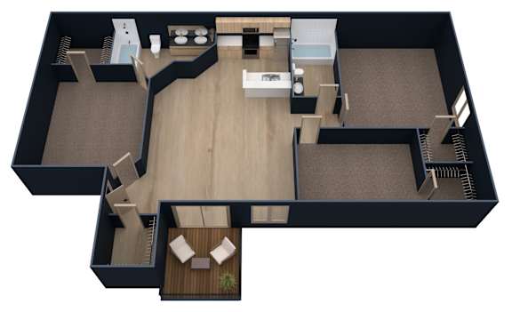 A top-down view of a house layout with a kitchen, living room, and bathrooms.