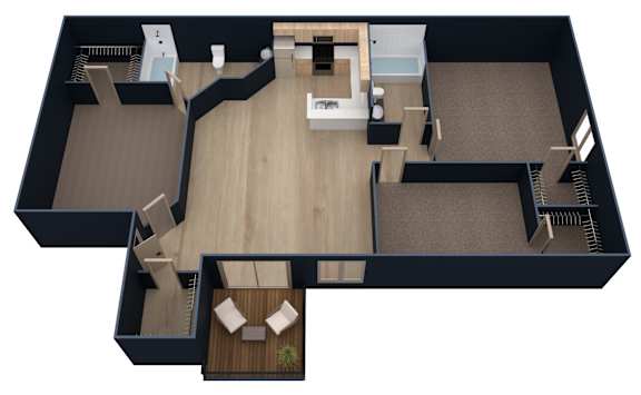 A 3D floor plan of a house with a kitchen, living room, and two bedrooms.