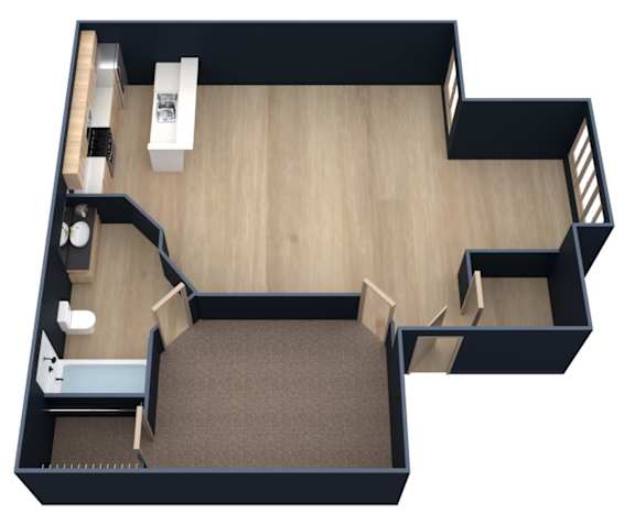 A 3D floor plan of a small apartment with a kitchen, living room, and bathroom.