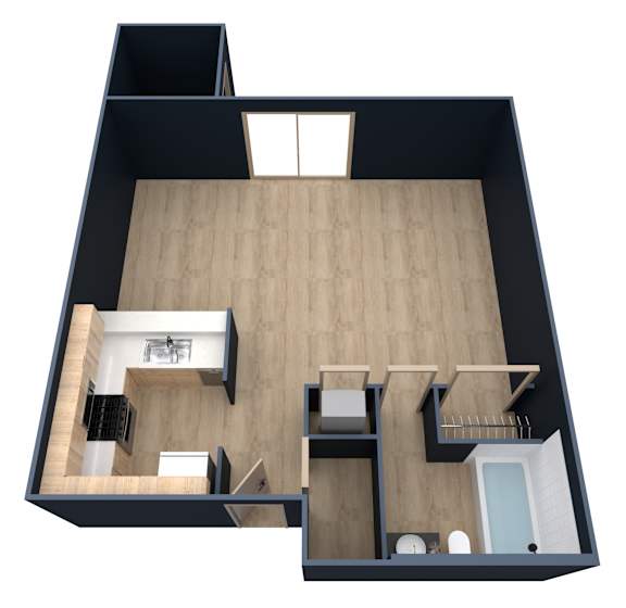 A black and wood floor plan of a house with a kitchen, living room, and bathroom.