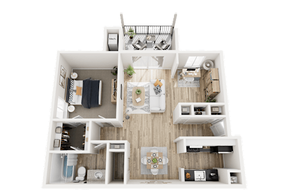 1 Bed 1 Bath Floor Plan with Den at Three Oaks Apartments in Troy, MI, 48098