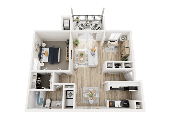 1 Bed 1 Bath Floor Plan with Den at Three Oaks Apartments in Troy, MI, 48098