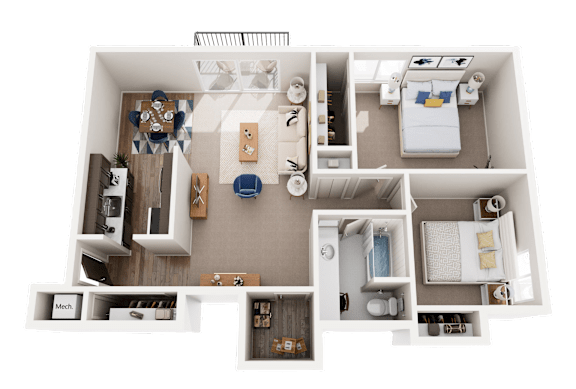 2 Bed 1 Bath Floor Plan at Knottingham Apartments, Clinton Township, MI