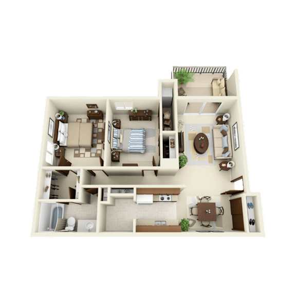 A two-bedroom apartment floor plan at Three Oaks Apartments in Troy, MI