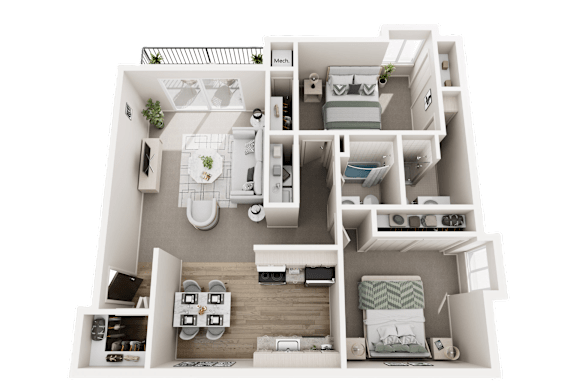 2 Bed 2 Bath 1150 Sq. Ft. Floor Plan at Dover Hills Apartments in Kalamazoo, MI, 49009