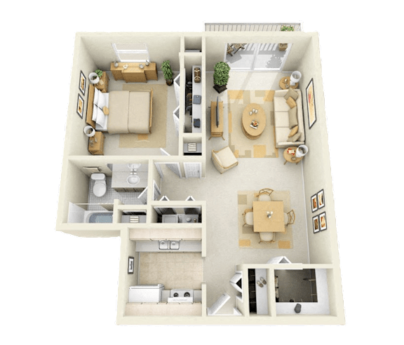 A 3D floor plan of a house with multiple rooms and furniture.